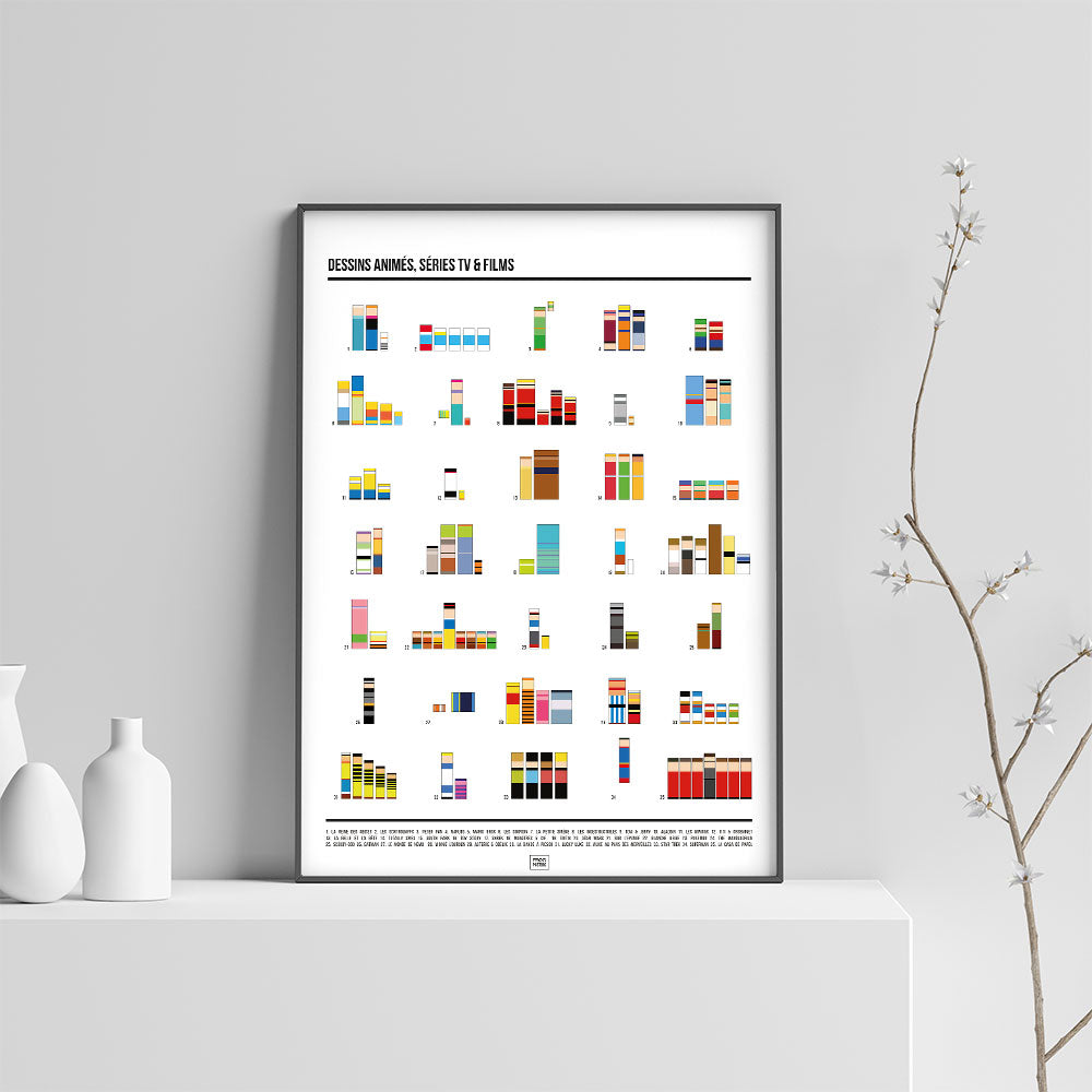 Affiche séries TV, films et dessins animés en pixel art, sur fond clair