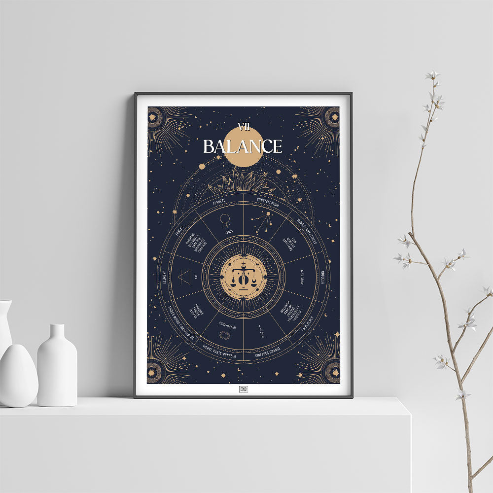 Affiche signe astrologique Balance, poster vintage de signe du zodiaque, sur fond clair