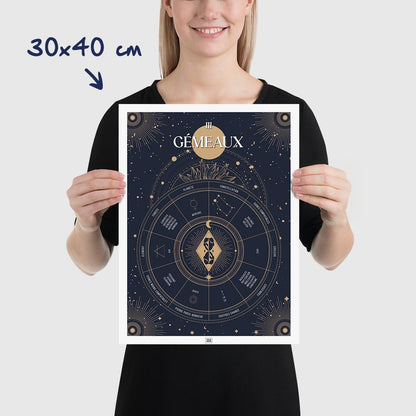 Affiche signe astrologique Gémeaux, poster vintage de signe du zodiaque, dimensions 30x40 cm
