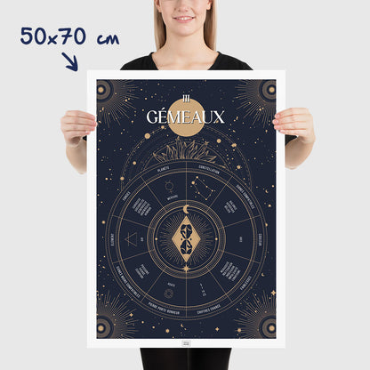 Affiche signe astrologique Gémeaux, poster vintage de signe du zodiaque, dimensions 50x70 cm