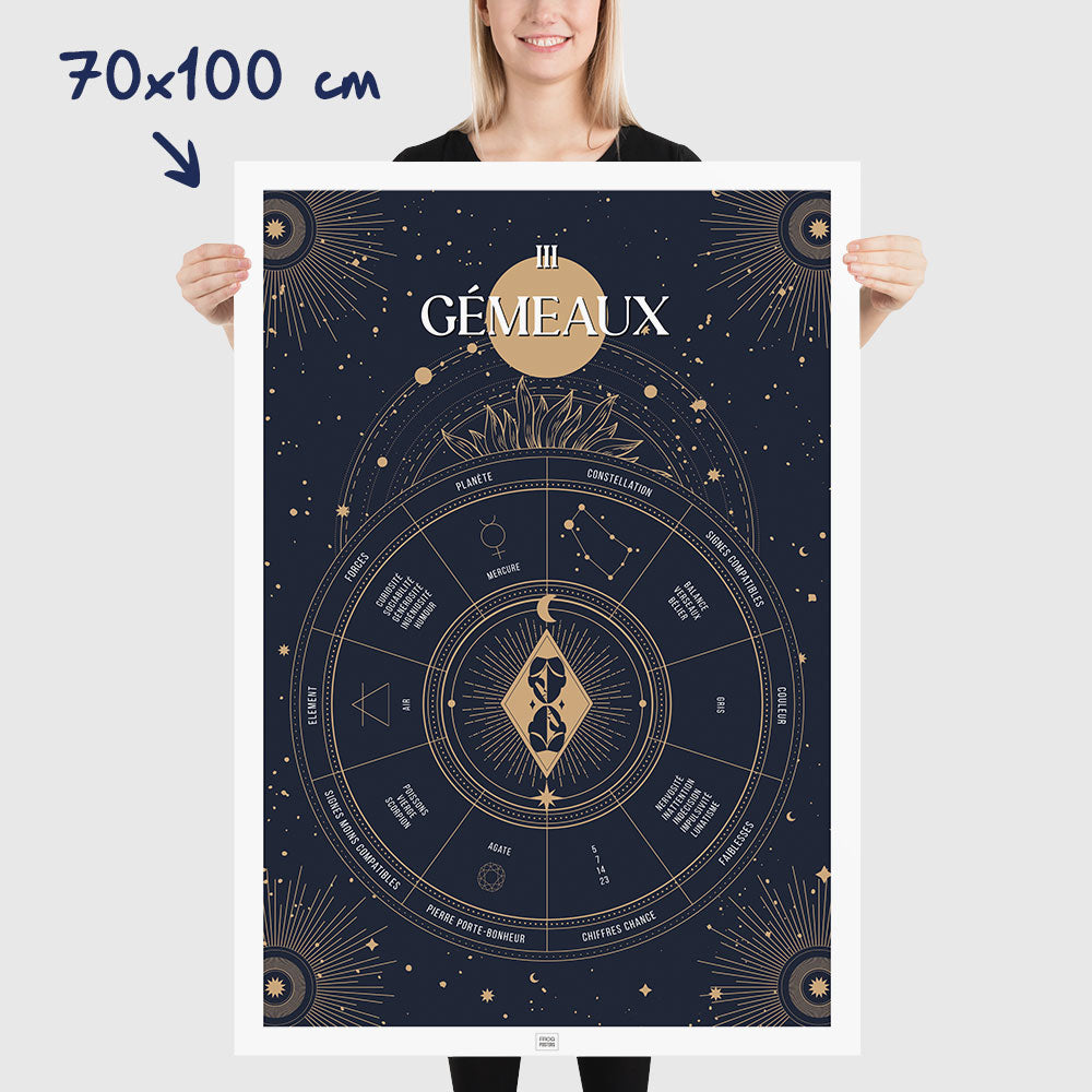 Affiche signe astrologique Gémeaux, poster vintage de signe du zodiaque, dimensions 70x100 cm