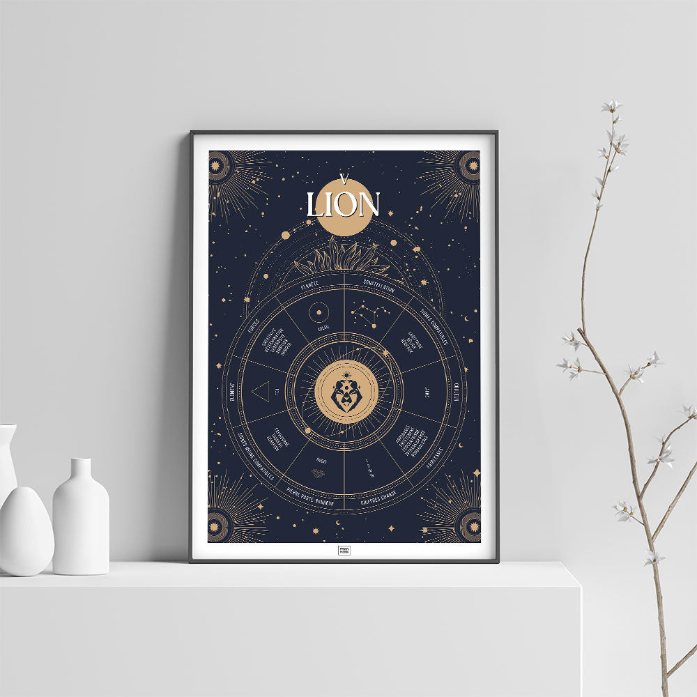 Affiche signe astrologique Lion, poster vintage de signe du zodiaque, sur fond clair