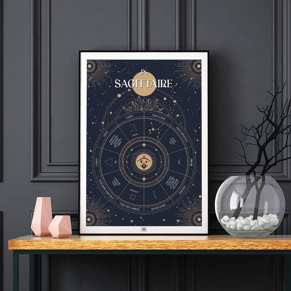 Affiche signe astrologique Sagittaire, poster vintage de signe du zodiaque, sur fond sombre