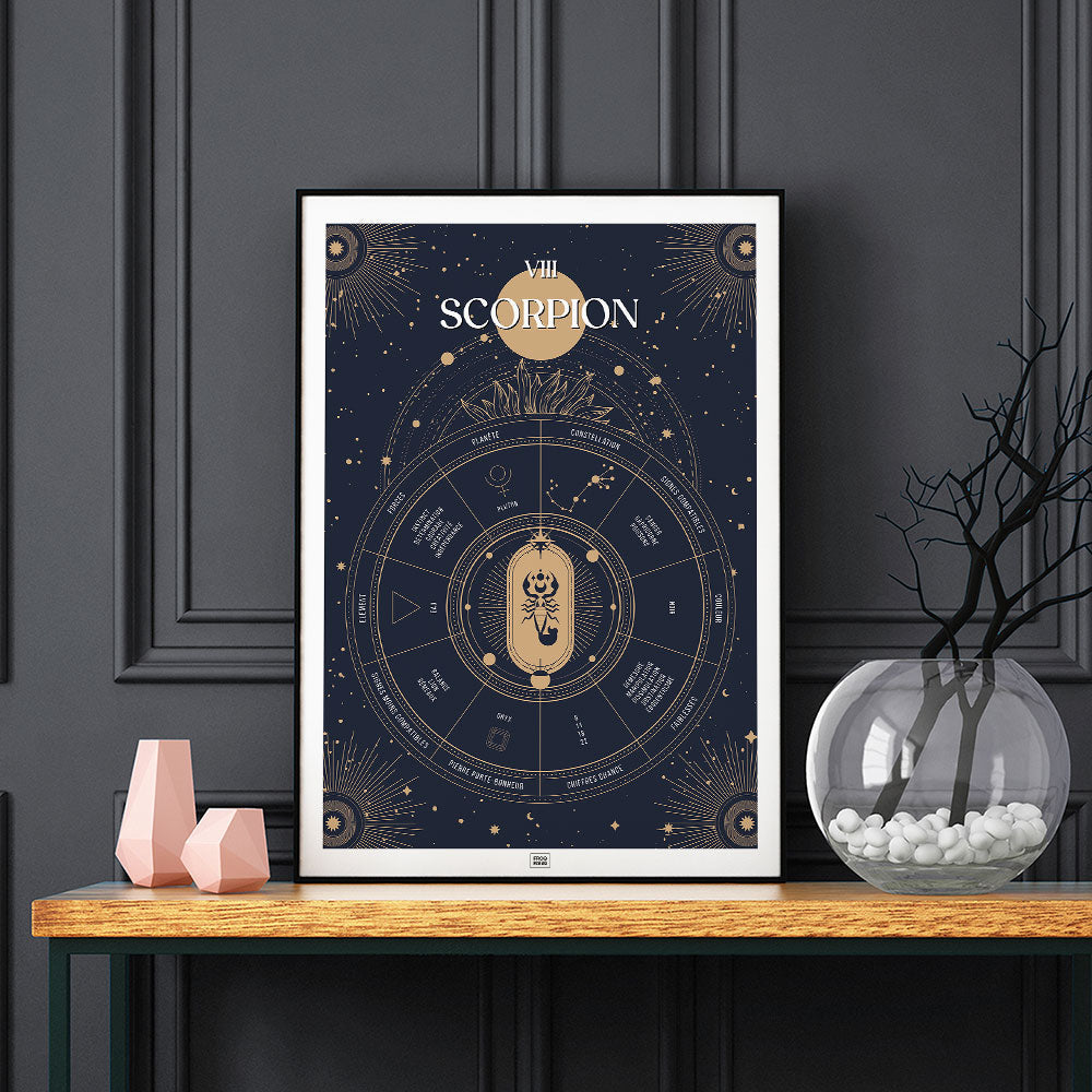 Affiche signe astrologique Scorpion, poster vintage de signe du zodiaque, sur fond sombre
