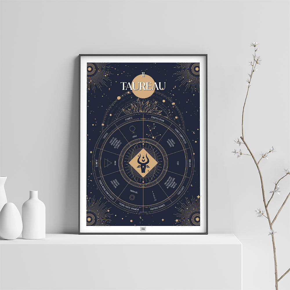 Affiche signe astrologique Taureau, poster vintage de signe du zodiaque, sur fond clair