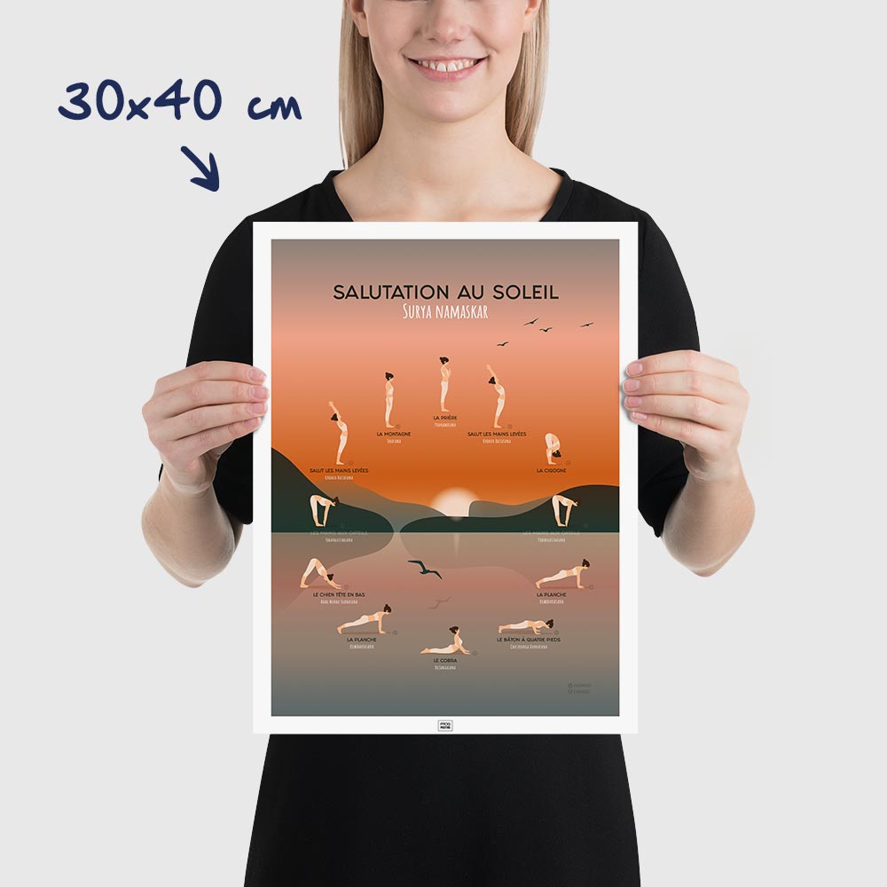 Affiche des postures de yoga, la salutation au soleil, dimensions 30x40 cm