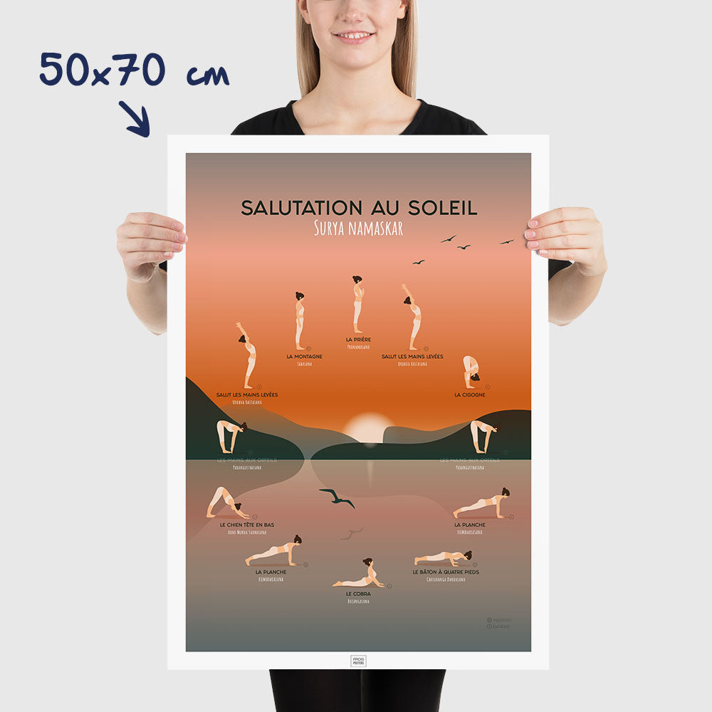 Affiche des postures de yoga, la salutation au soleil, dimensions 50x70 cm
