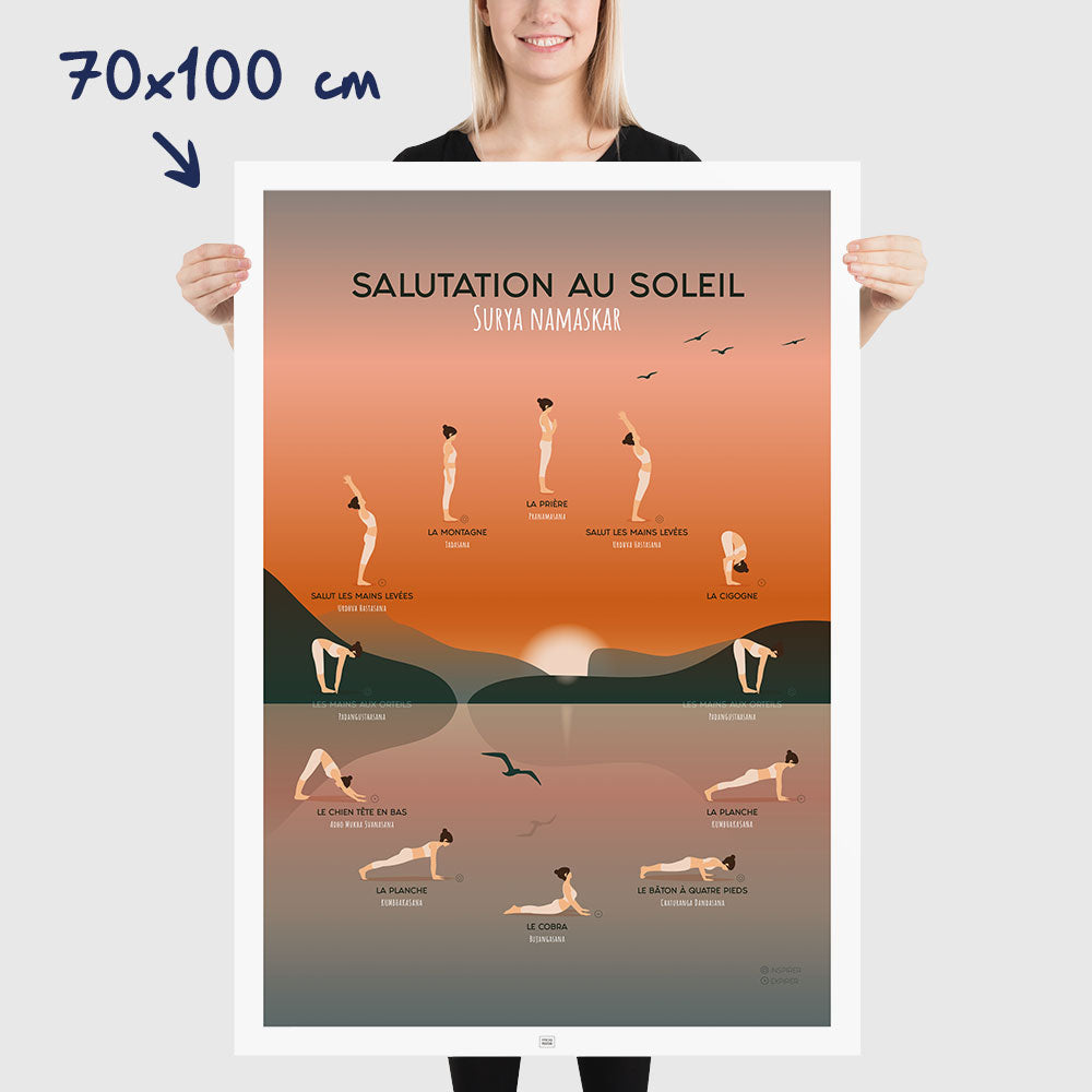 Affiche des postures de yoga, la salutation au soleil, dimensions 70x100 cm