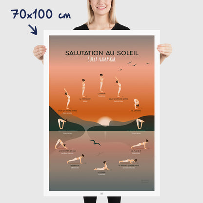 Affiche des postures de yoga, la salutation au soleil, dimensions 70x100 cm