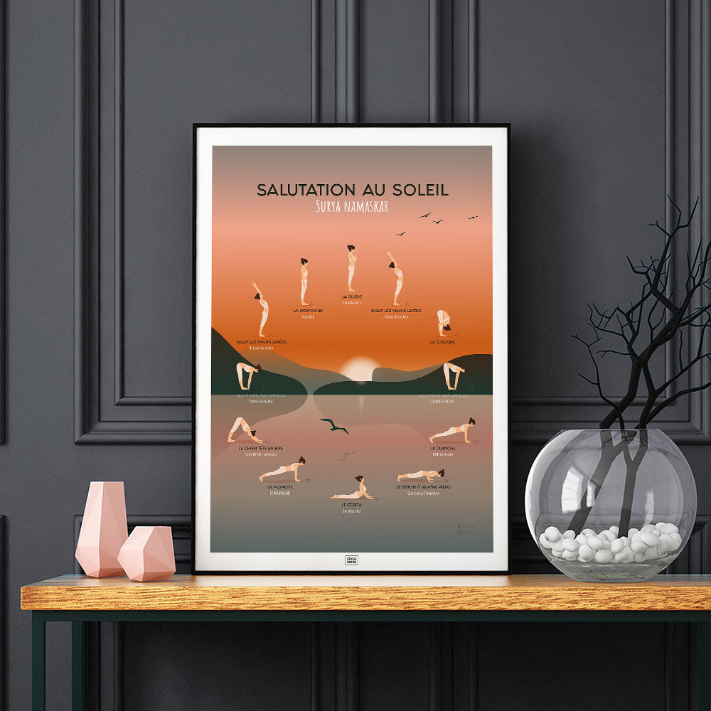 Affiche des postures de yoga, la salutation au soleil, sur fond sombre