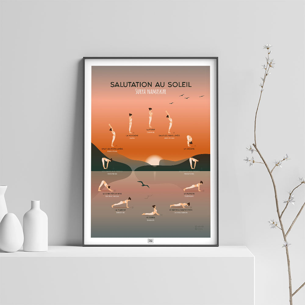 Affiche des postures de yoga, la salutation au soleil, sur fond clair