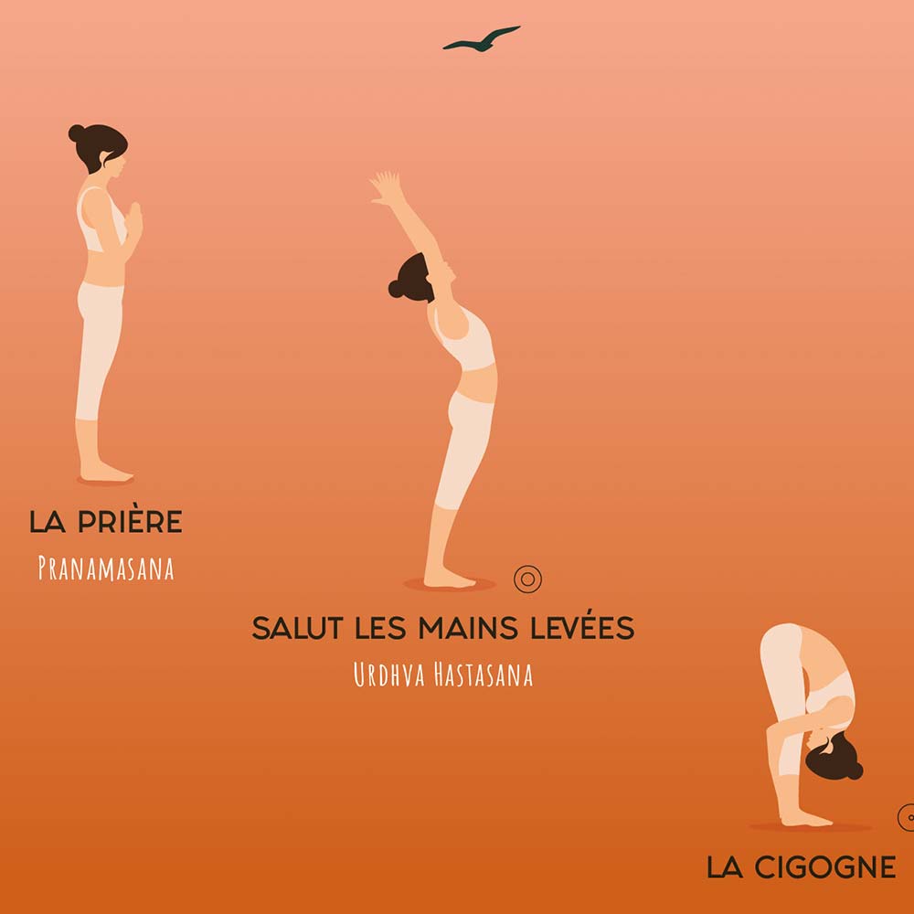 Affiche des postures de yoga, la salutation au soleil, zoom