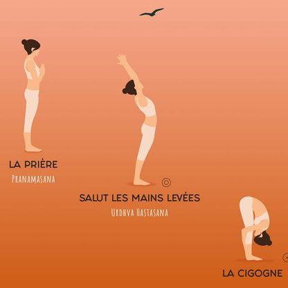 Affiche des postures de yoga, la salutation au soleil, zoom