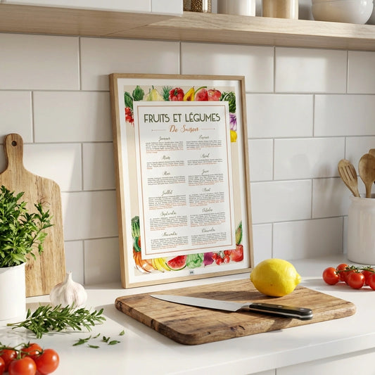 Affiche cuisine, calendrier des fruits et légumes de saison, affiche minimaliste