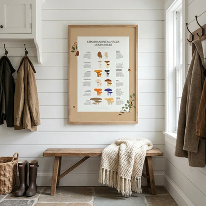 Affiche des champignons comestibles sauvages, où les trouver et en quelle saison