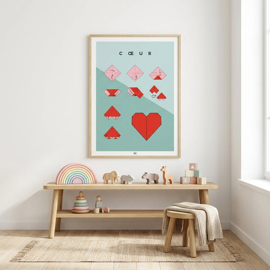Affiche origami coeur, poster minimaliste géométrique, origami facile