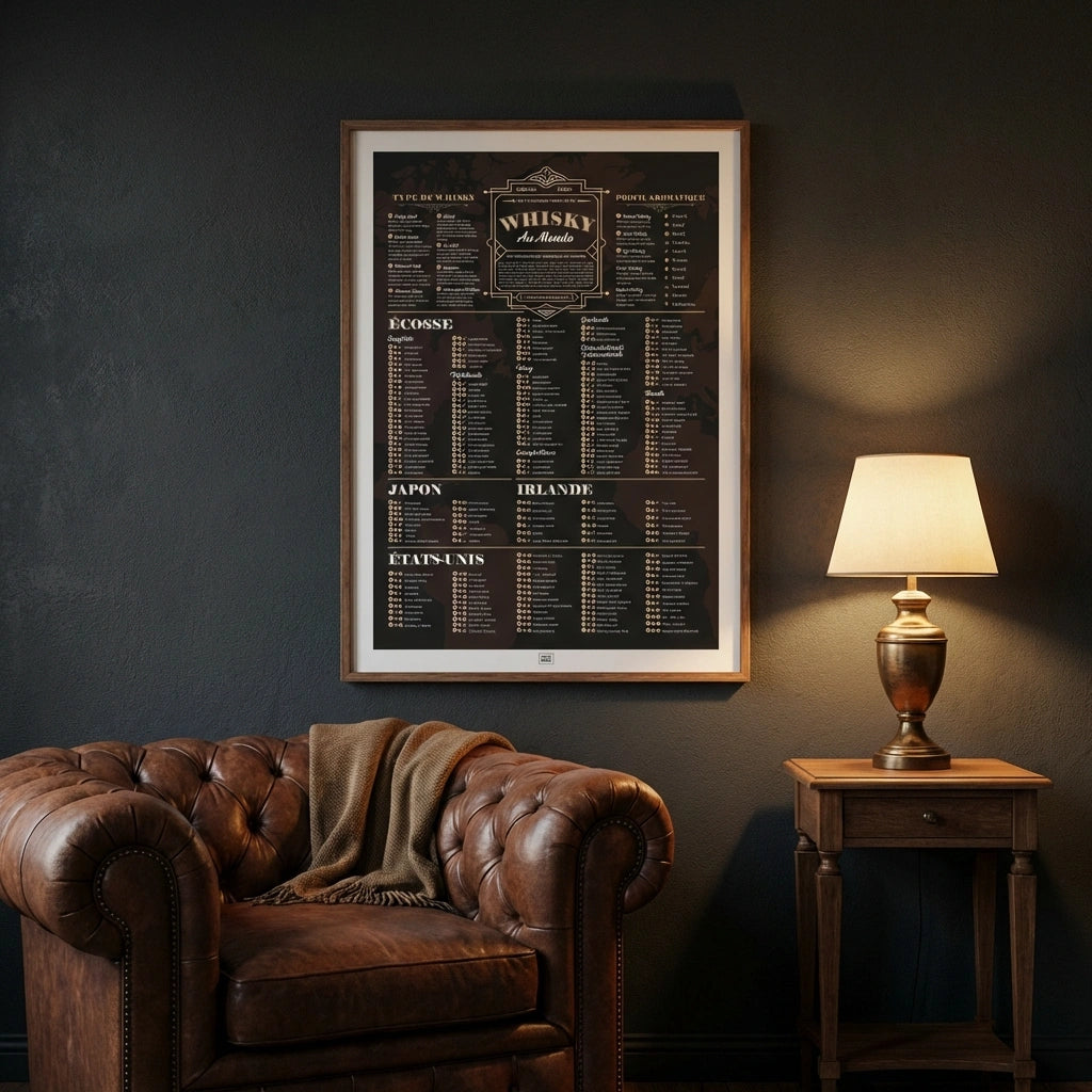 Affiche des meilleurs whisky du monde et leur profil aromatique, poster art déco