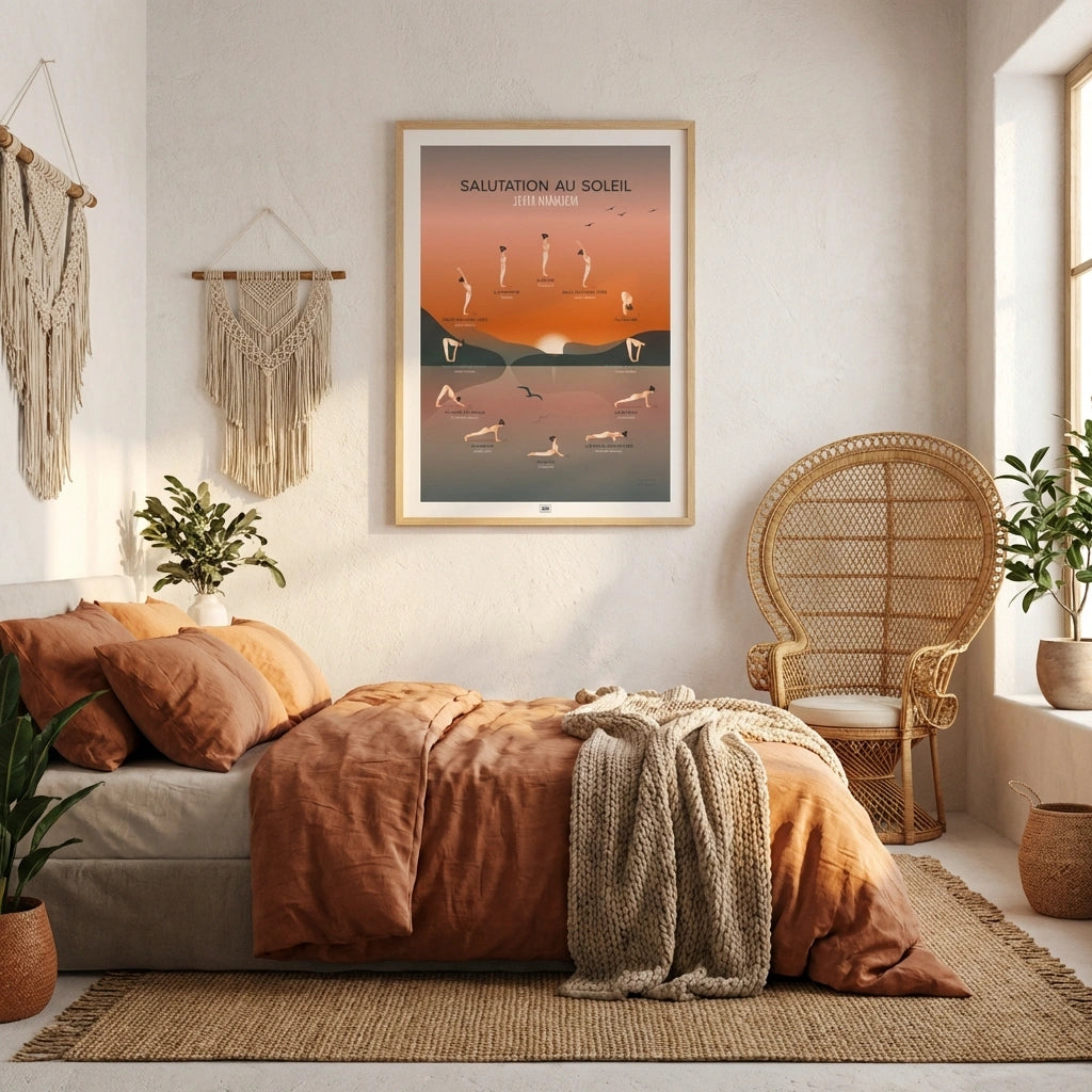Affiche yoga la salutation au soleil, affiche minimaliste vintage