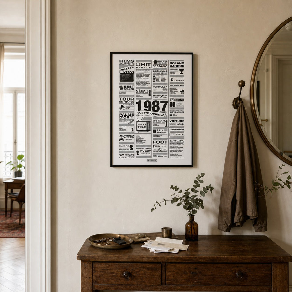 Affiche année 1987 encadrée dans une entrée française, poster rétrospective année de naissance 1986, idée cadeau anniversaire, décoration murale rétro noir et blanc