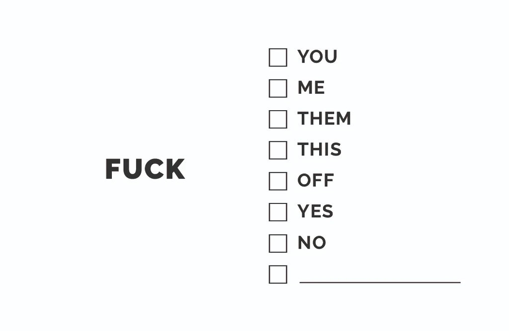 Carte de visite humoristique FUCK avec cases à cocher YOU, ME, THEM, THIS, OFF, YES, NO