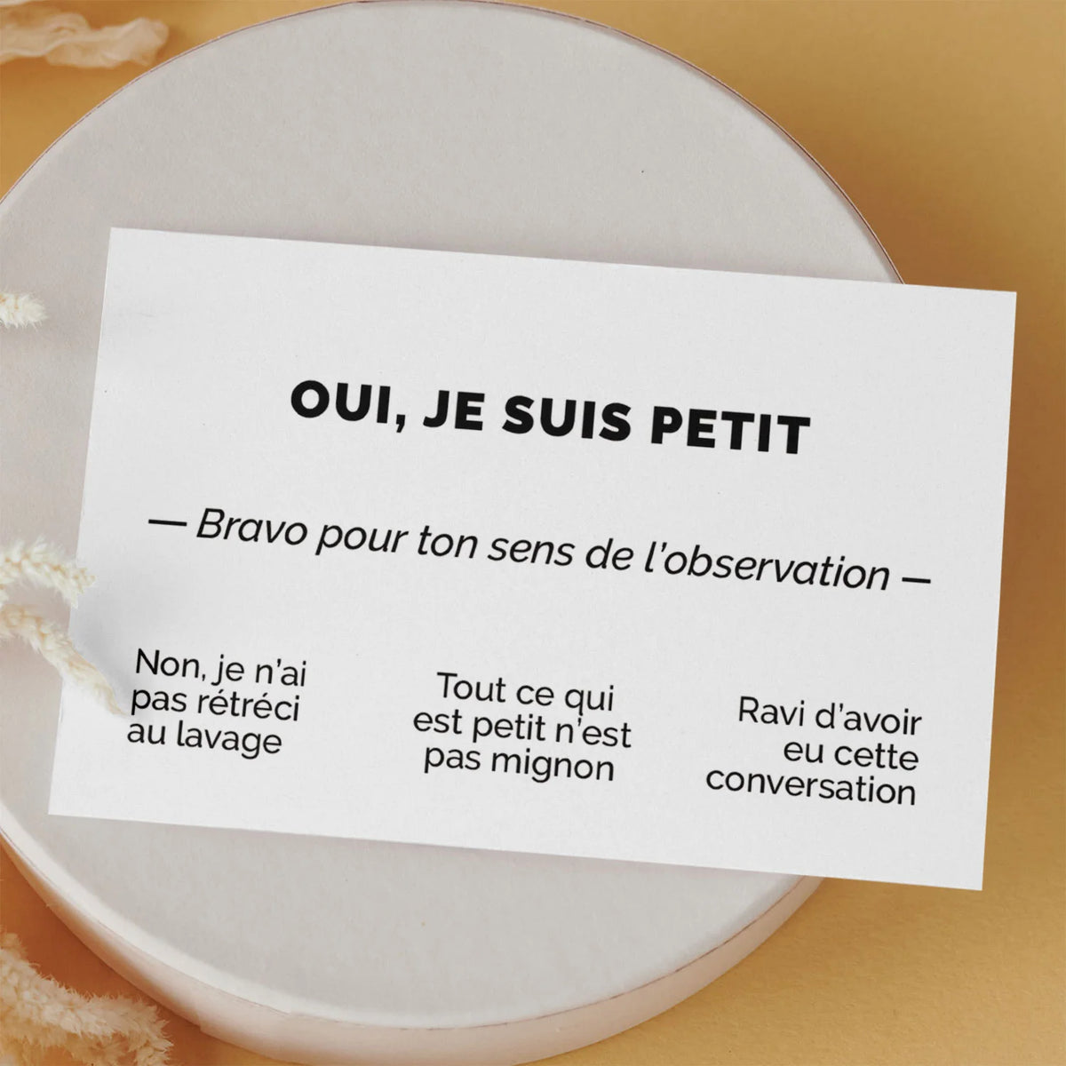 Carte de visite drôle « Oui, je suis petit » posée sur une boîte ronde, fond orange