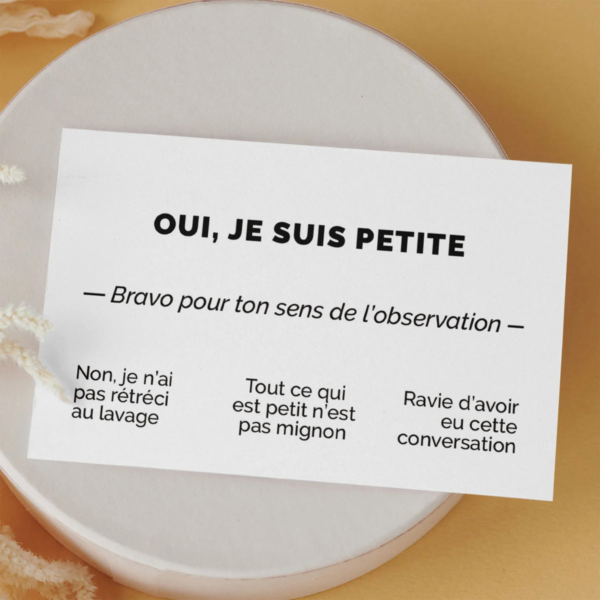 Carte de visite drôle « Oui, je suis petite » posée sur une boîte ronde, fond orange