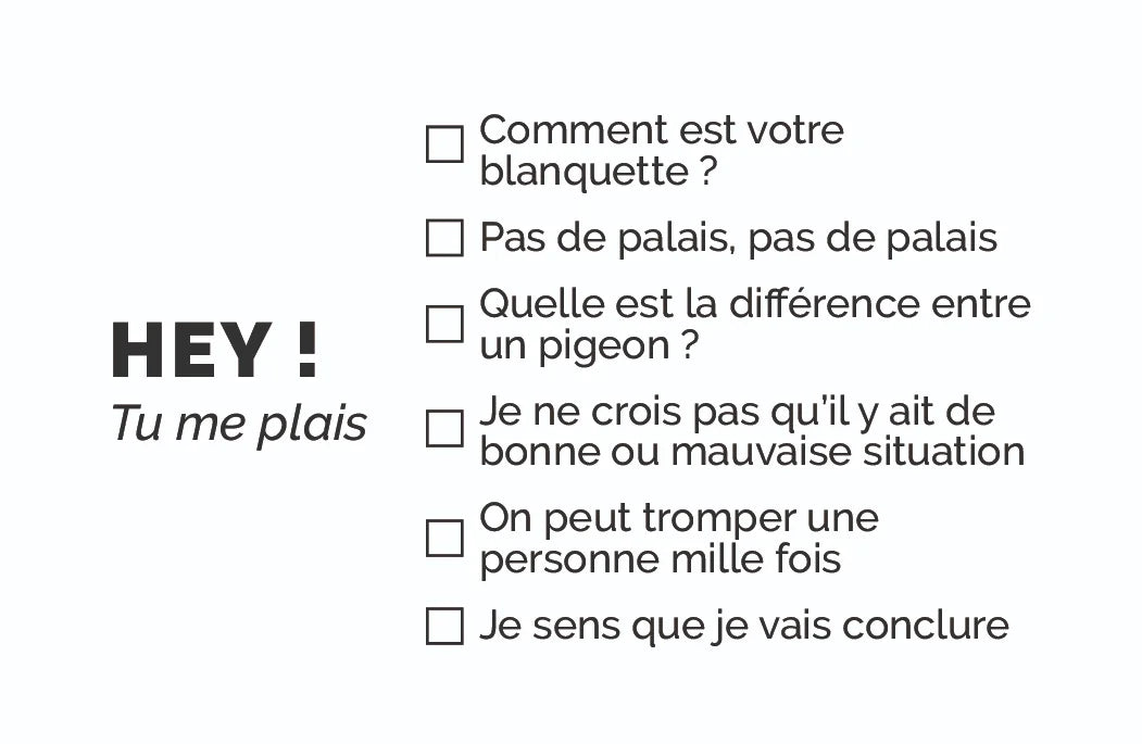Carte de visite humoristique séduction spécial boomer « Hey ! Tu me plais » : HEY ! Tu me plais, avec des répliques cultes à cocher comme Comment est votre blanquette ?