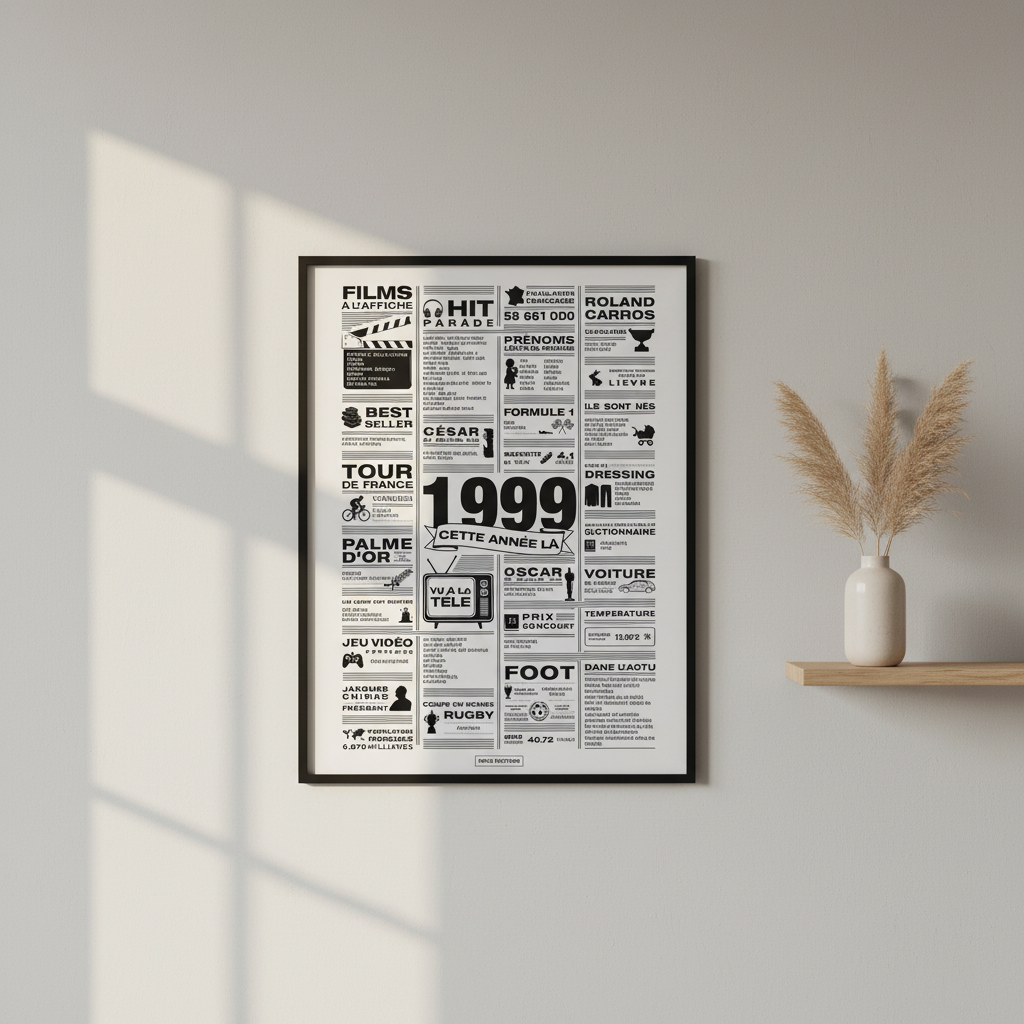 Affiche année 1999 encadrée dans un intérieur scandinave, poster rétrospective année de naissance 1999, idée cadeau anniversaire, décoration murale rétro noir et blanc