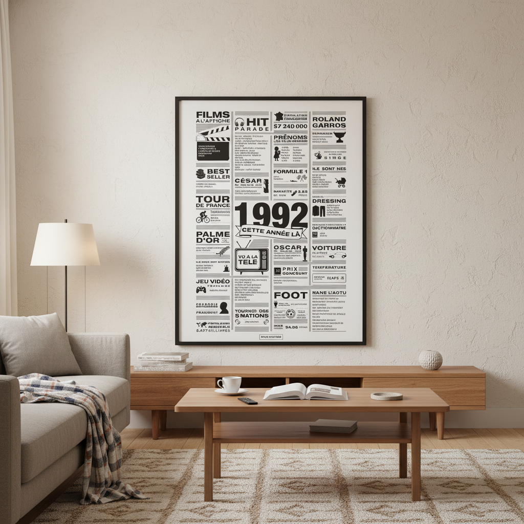 Affiche année 1992 encadrée dans un salon d’appartement français chaleureux avec canapé en lin et tapis texturé, poster rétrospective année de naissance 1992, idée cadeau anniversaire, décoration murale rétro noir et blanc 50x70cm
