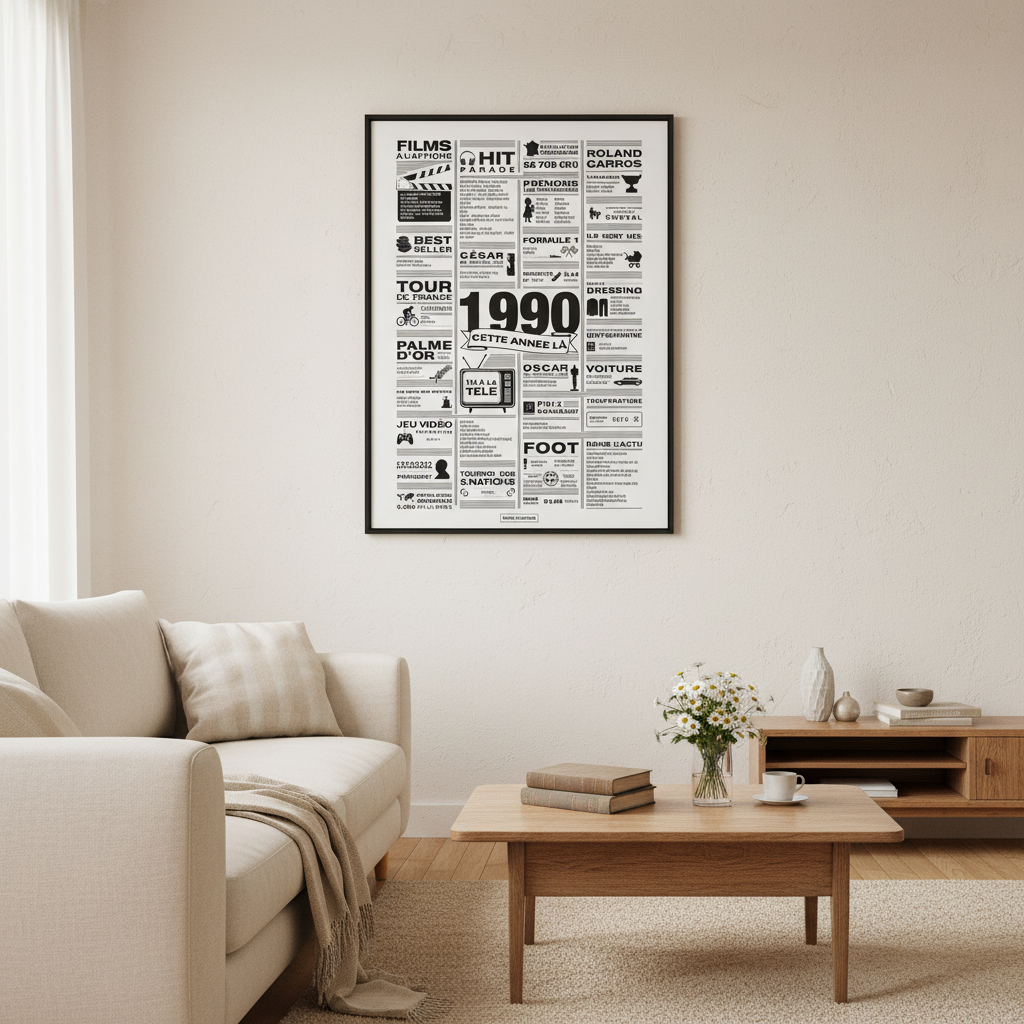 Affiche année 1990 encadrée dans un salon français lumineux aux murs blanc cassé avec canapé écru et meuble vintage, poster rétrospective année de naissance 1990, idée cadeau anniversaire, décoration murale rétro noir et blanc 50x70cm