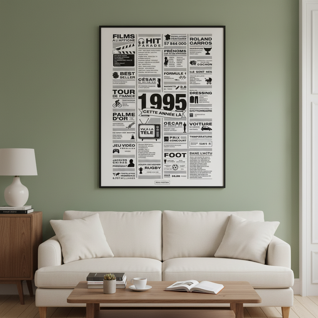 Affiche année 1995 encadrée dans un salon français chaleureux aux murs vert sauge, poster rétrospective année de naissance 1995, idée cadeau anniversaire, décoration murale rétro noir et blanc 50x70cm
