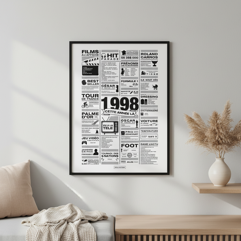 Affiche année 1998 encadrée dans un intérieur scandinave, poster rétrospective année de naissance 1998, idée cadeau anniversaire, décoration murale rétro noir et blanc