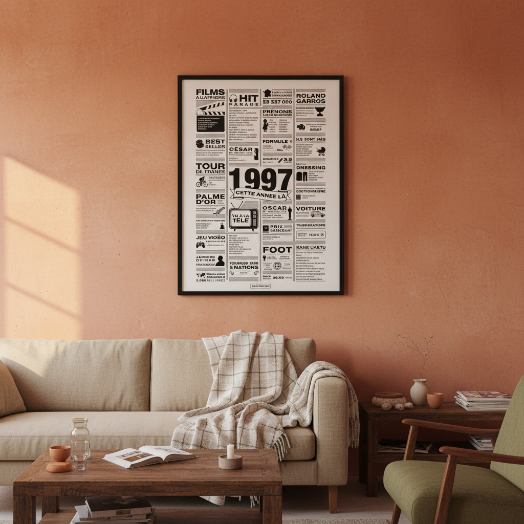 Affiche année 1997 encadrée dans un salon français chaleureux aux murs terracotta, poster rétrospective année de naissance 1997, idée cadeau anniversaire, décoration murale rétro noir et blanc 50x70cm