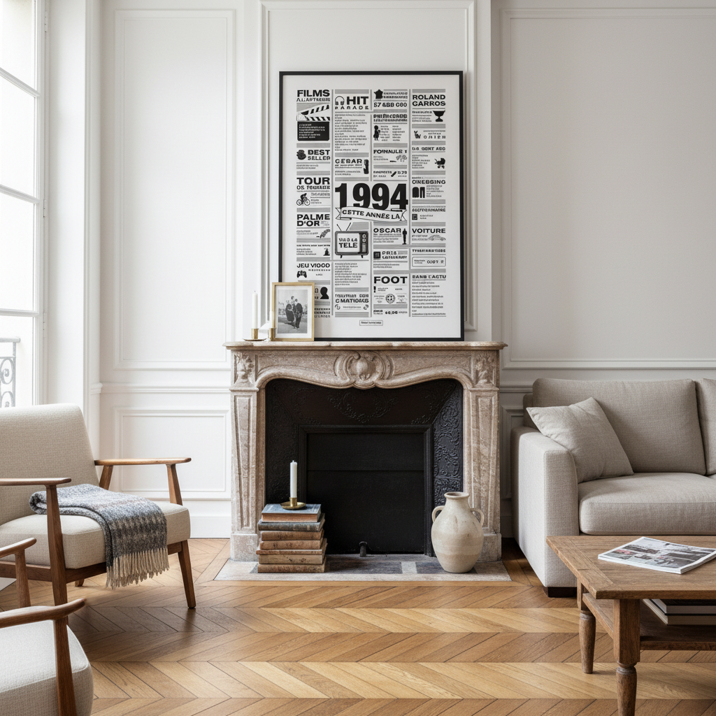 Affiche année 1994 encadrée au-dessus d’une cheminée dans un salon parisien, poster rétrospective année de naissance 1994, idée cadeau anniversaire, décoration murale rétro noir et blanc 50x70cm