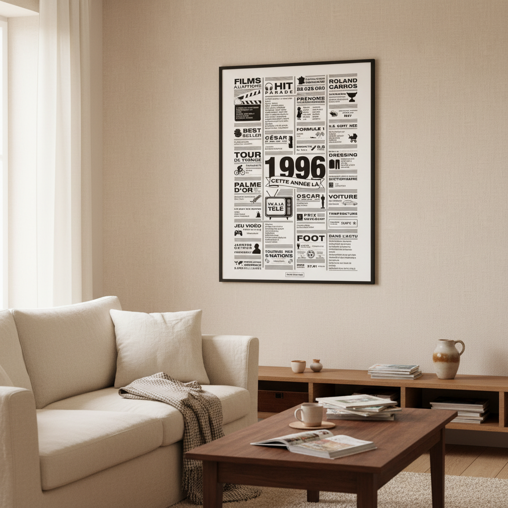 Affiche année 1996 encadrée dans un salon français chaleureux aux murs beige clair, poster rétrospective année de naissance 1996, idée cadeau anniversaire, décoration murale rétro noir et blanc 50x70cm