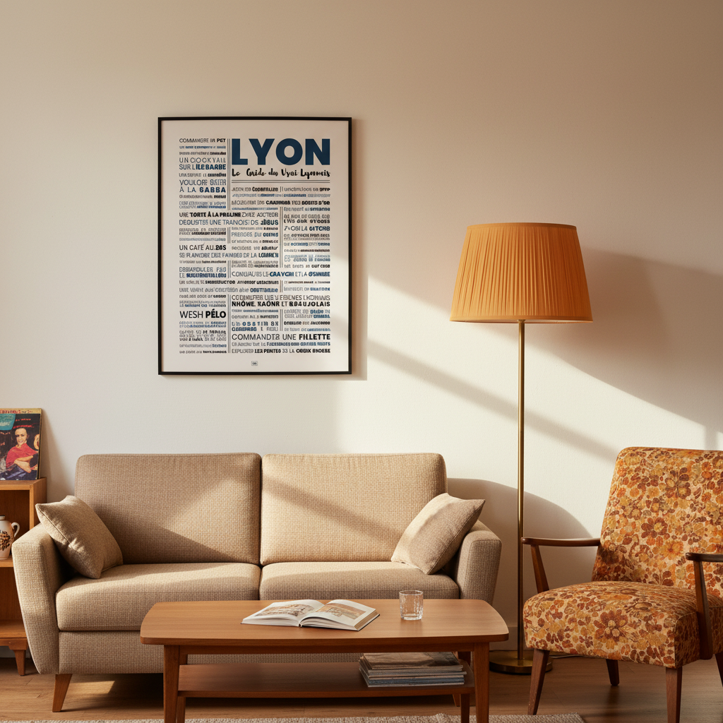 Affiche Lyon Le Guide du Vrai Lyonnais encadrée 50×70 cm dans un salon années 70, canapé brun, lumière chaude de fin d'après-midi