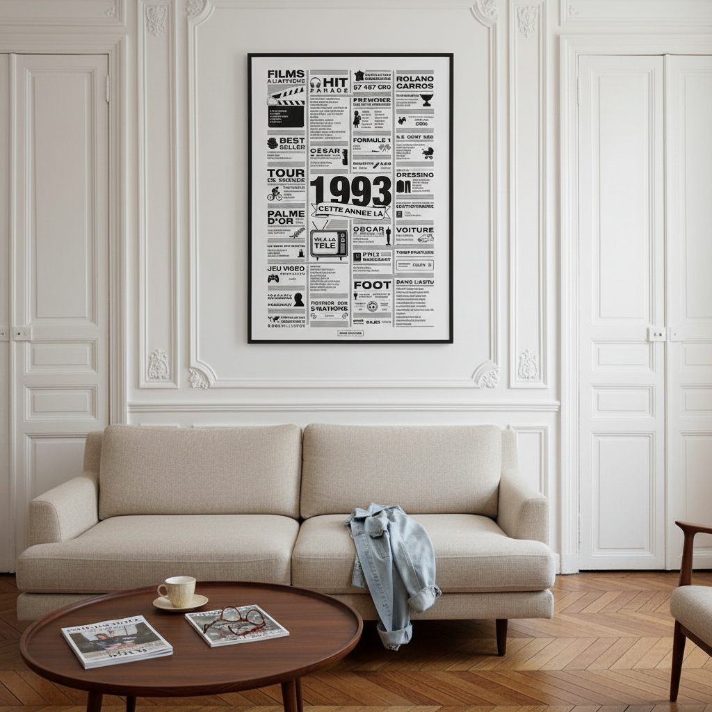 Affiche année 1993 encadrée dans un appartement haussmannien parisien avec moulures et parquet ancien, poster rétrospective année de naissance 1993, idée cadeau anniversaire, décoration murale rétro noir et blanc 50x70cm