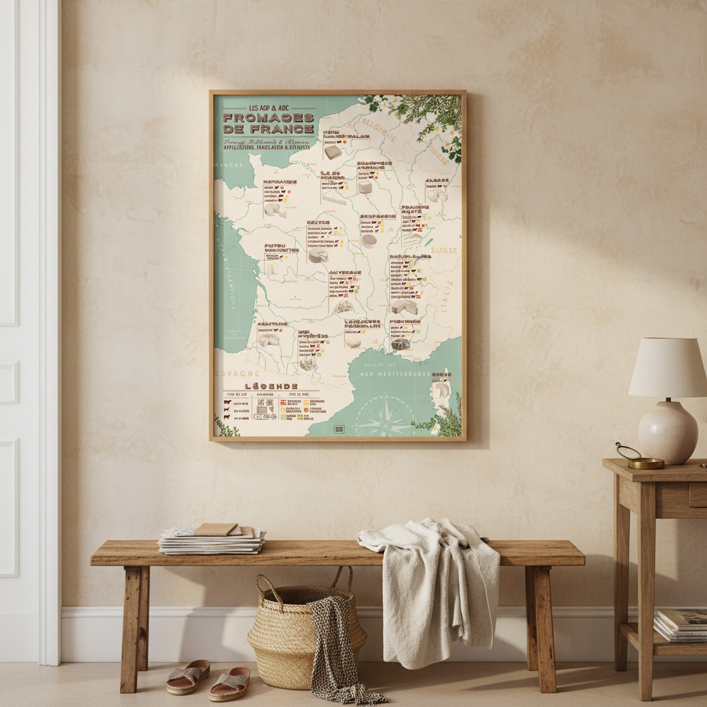 Affiche Carte des Fromages de France encadrée 50×70 cm dans une entrée chaleureuse, mur beige texturé, banc en bois avec coussin en lin, lumière douce venant de la droite
